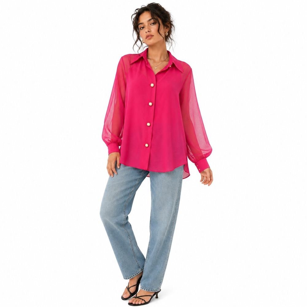 Jonathan Martin Women's Blouse Small Pink Sheer Sleeve Pearl Button 90s